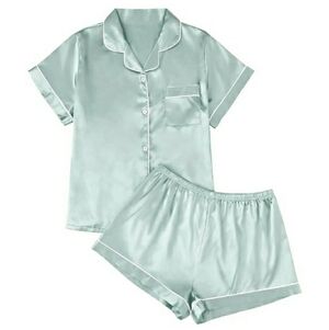 Silk Satin Fall Soft Pajama Set Matching Lounge Button Up Green